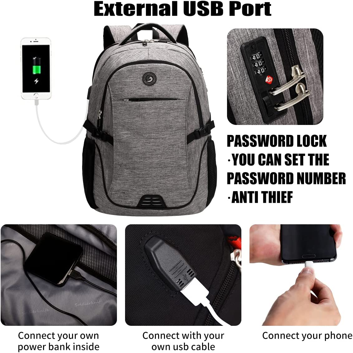 SHRRADOO Travel Laptop Backpack with usb Charging Port for Women & Men School College Students Backpack Fits 17 Inch Laptop (Grey, Large) - Image 2
